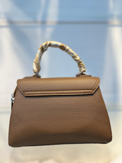 Elegant Deep Khakhi Faux Leather Top Handle Bag with Scarf Accent - Perfect for a Fashionable Look