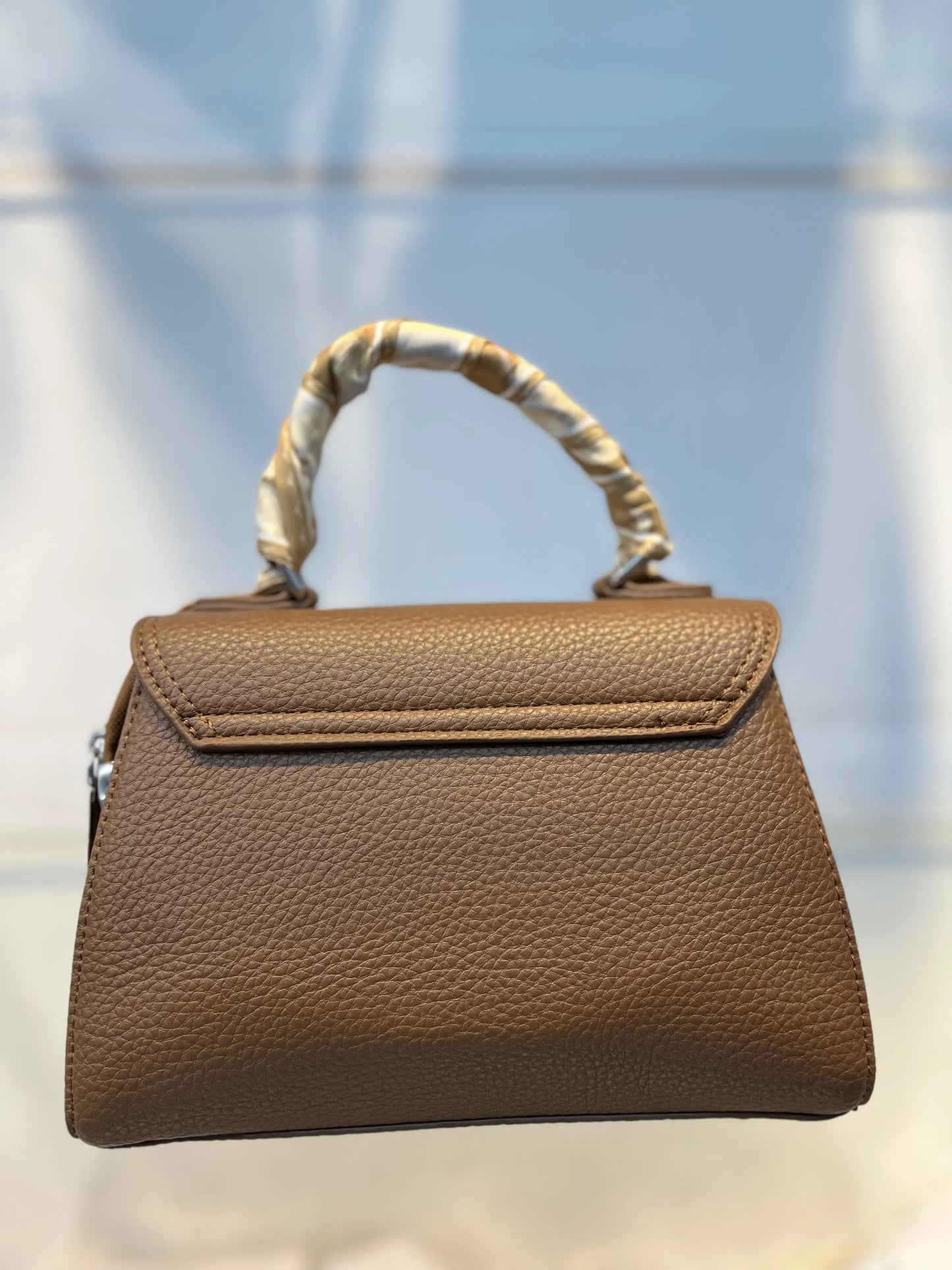 Elegant Deep Khakhi Faux Leather Top Handle Bag with Scarf Accent - Perfect for a Fashionable Look