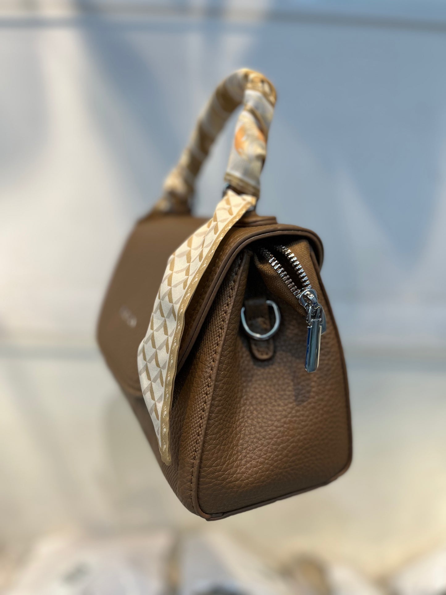 Elegant Deep Khakhi Faux Leather Top Handle Bag with Scarf Accent - Perfect for a Fashionable Look