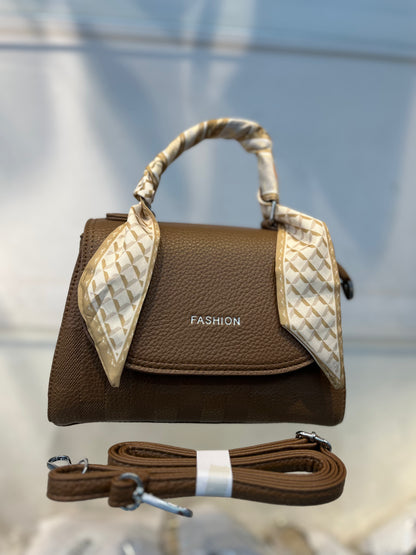 Elegant Deep Khakhi Faux Leather Top Handle Bag with Scarf Accent - Perfect for a Fashionable Look