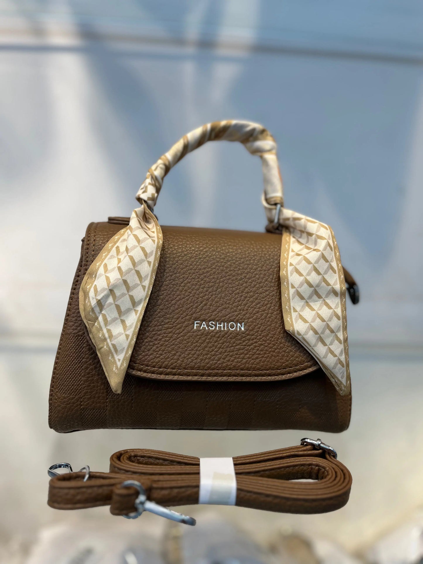 Elegant Deep Khakhi Faux Leather Top Handle Bag with Scarf Accent - Perfect for a Fashionable Look
