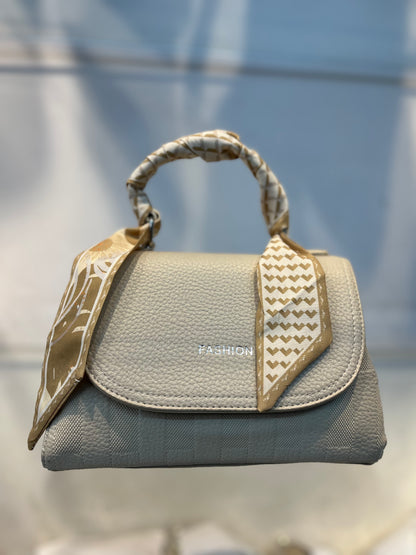 Elegant  Faux White Leather Top Handle Bag with Scarf Accent - Perfect for a Fashionable Look