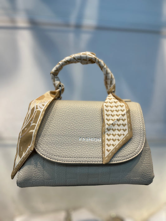 Elegant  Faux White Leather Top Handle Bag with Scarf Accent - Perfect for a Fashionable Look