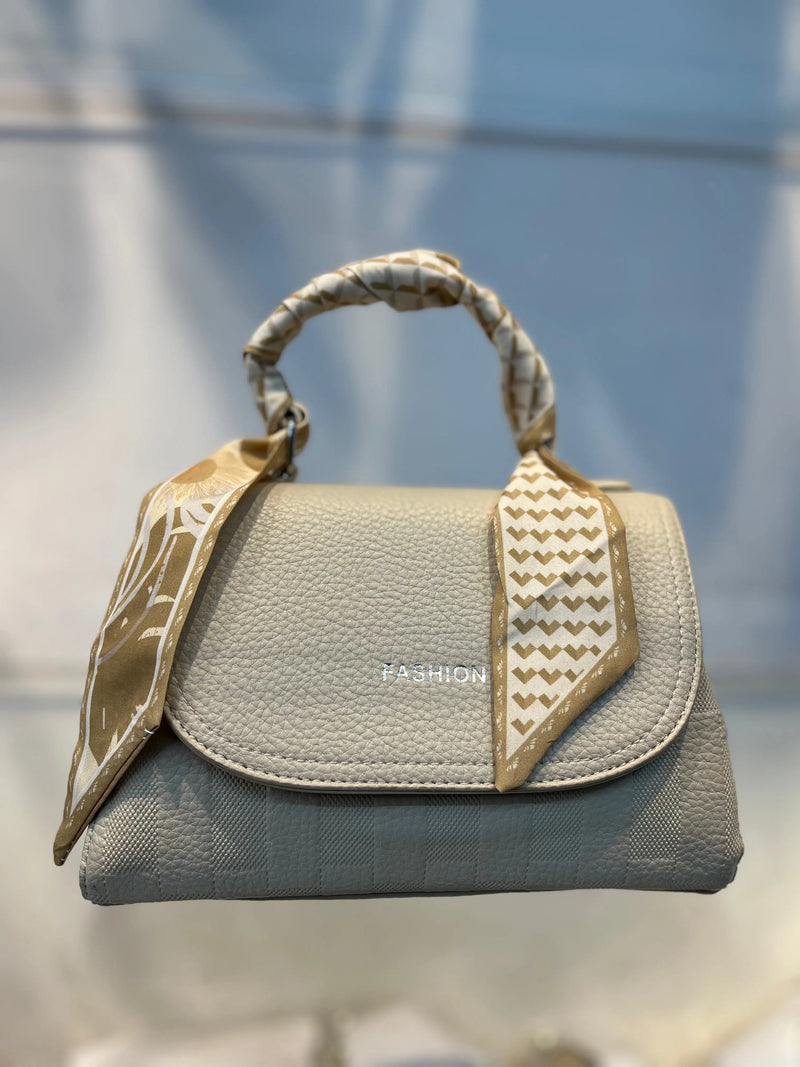 Elegant  Faux White Leather Top Handle Bag with Scarf Accent - Perfect for a Fashionable Look