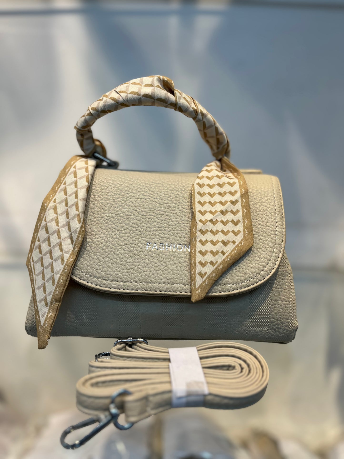Elegant  Faux White Leather Top Handle Bag with Scarf Accent - Perfect for a Fashionable Look