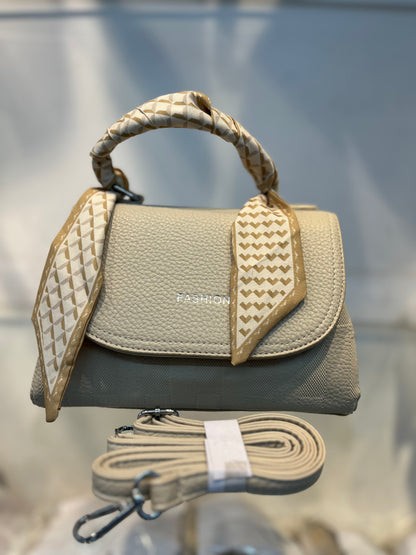 Elegant  Faux White Leather Top Handle Bag with Scarf Accent - Perfect for a Fashionable Look