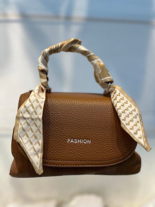 Elegant Brown Faux Leather Top Handle Bag with Scarf Accent - Perfect for a Fashionable Look
