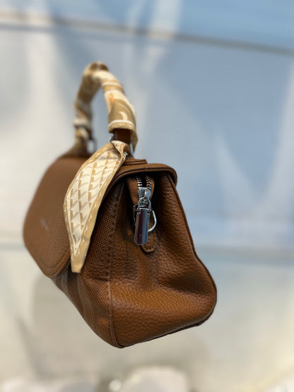 Elegant Brown Faux Leather Top Handle Bag with Scarf Accent - Perfect for a Fashionable Look