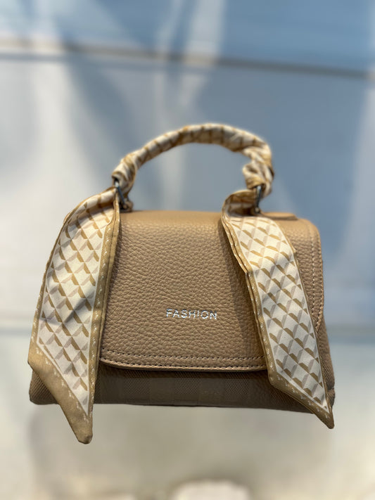 Elegant Light Khakhi Faux Leather Top Handle Bag with Scarf Accent - Perfect for a Fashionable Look