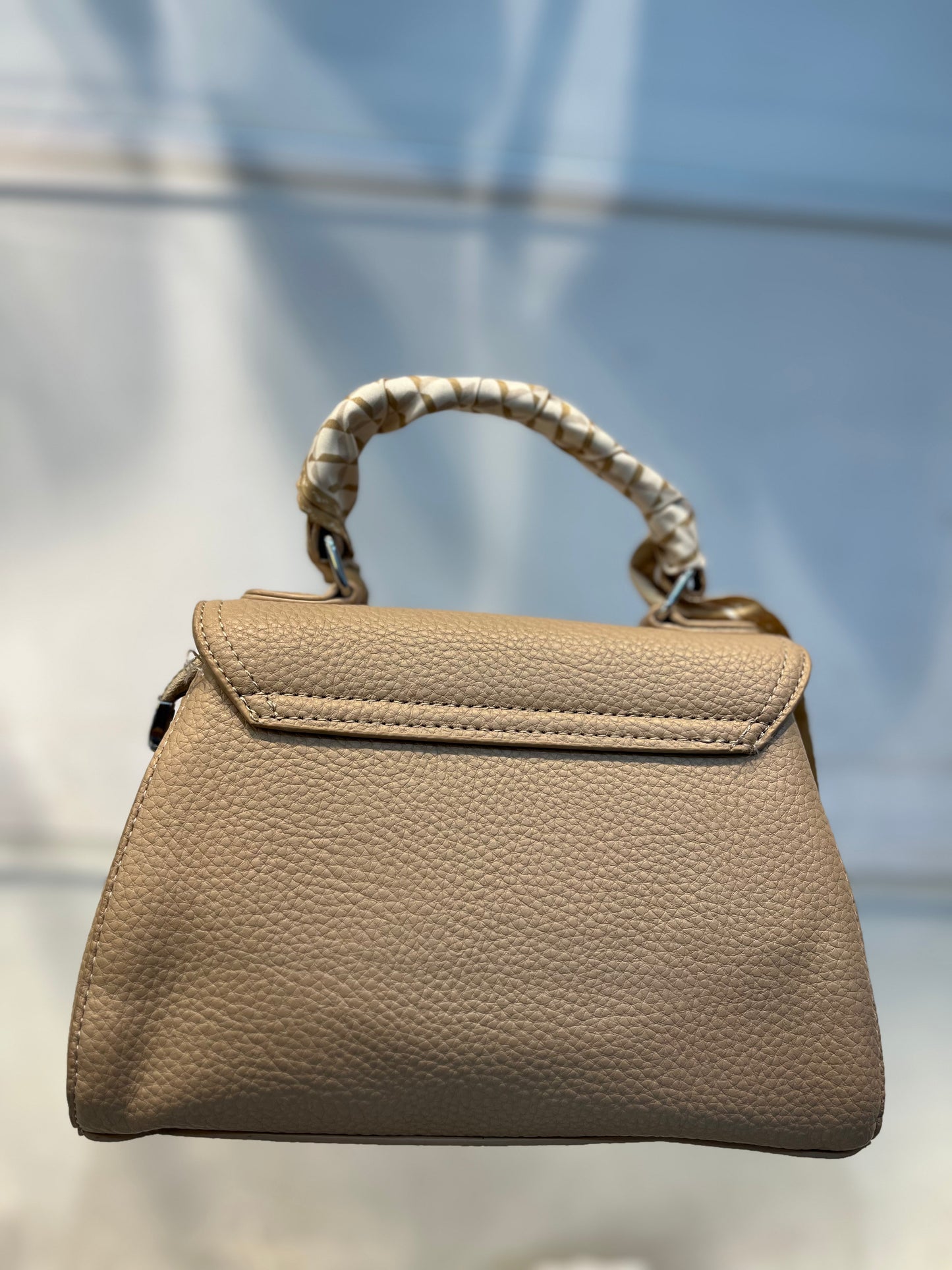 Elegant Light Khakhi Faux Leather Top Handle Bag with Scarf Accent - Perfect for a Fashionable Look