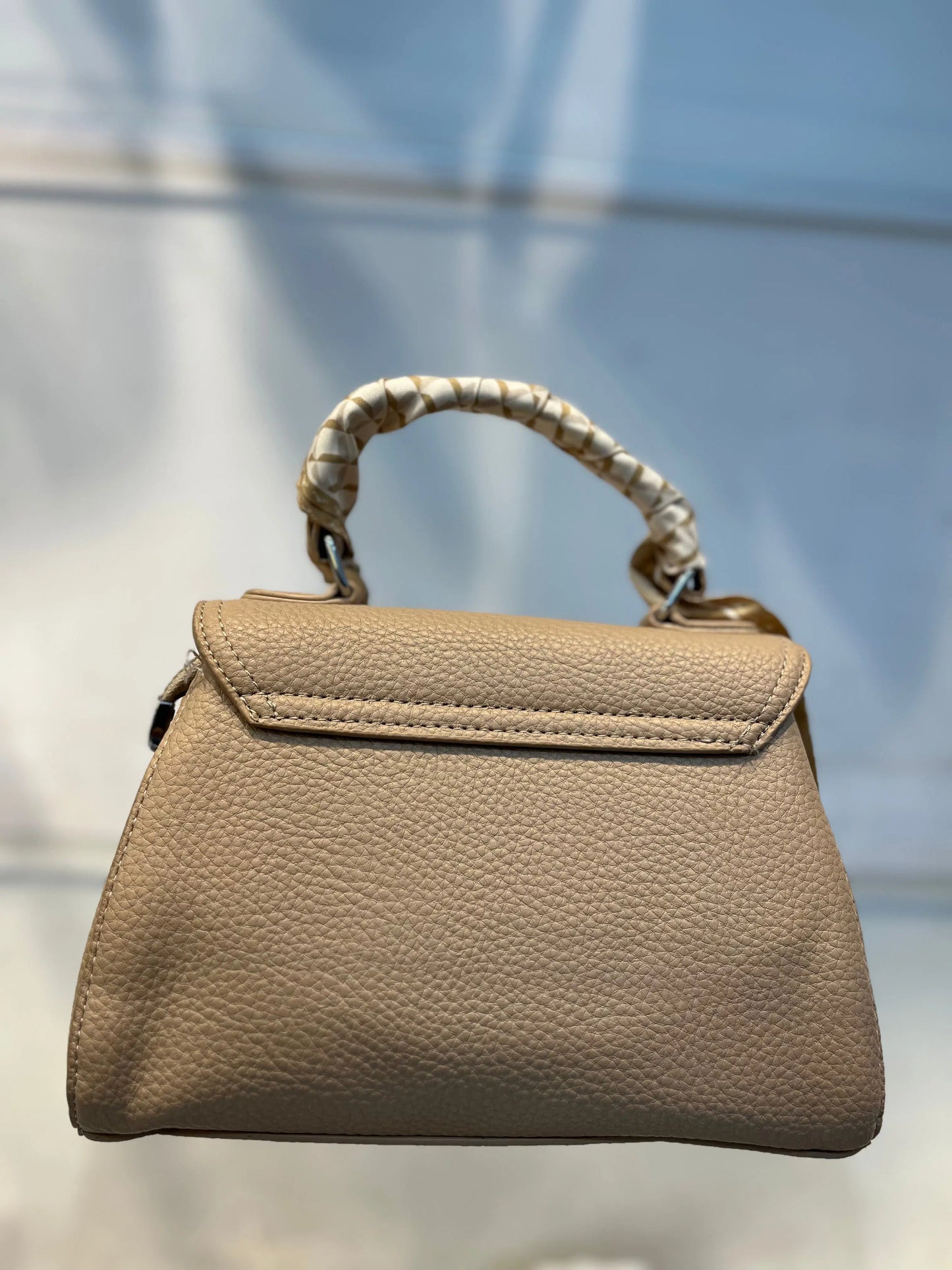 Elegant Light Khakhi Faux Leather Top Handle Bag with Scarf Accent - Perfect for a Fashionable Look