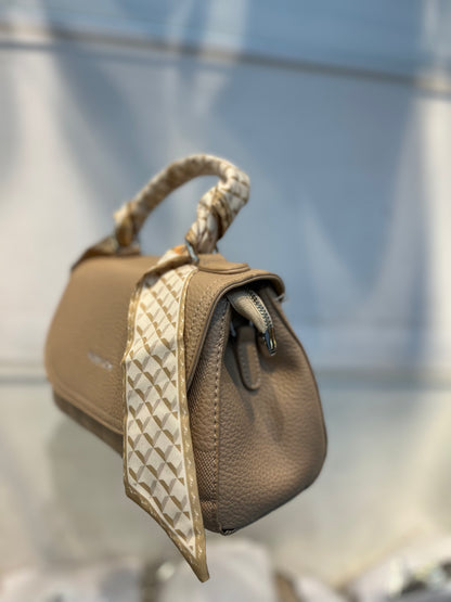 Elegant Light Khakhi Faux Leather Top Handle Bag with Scarf Accent - Perfect for a Fashionable Look