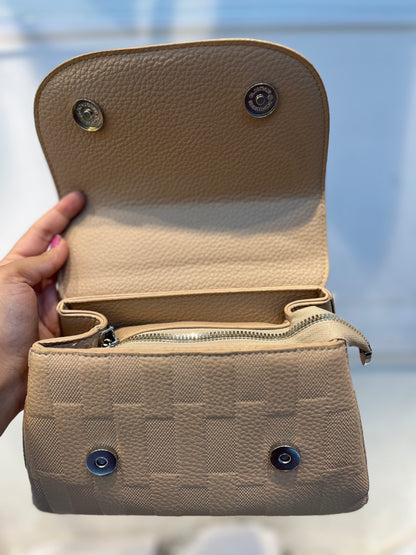 Elegant Light Khakhi Faux Leather Top Handle Bag with Scarf Accent - Perfect for a Fashionable Look