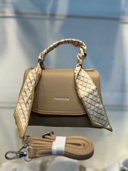 Elegant Light Khakhi Faux Leather Top Handle Bag with Scarf Accent - Perfect for a Fashionable Look