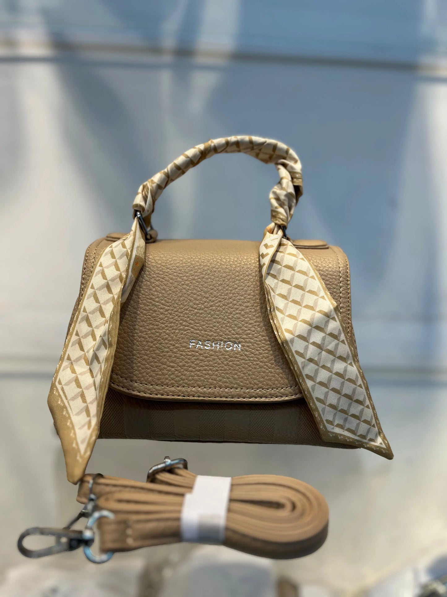 Elegant Light Khakhi Faux Leather Top Handle Bag with Scarf Accent - Perfect for a Fashionable Look