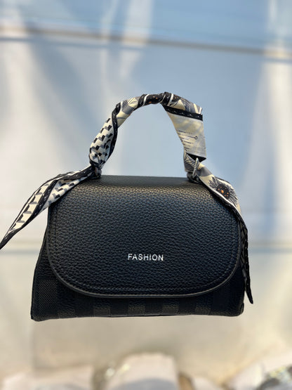 Elegant Black Faux Leather Top Handle Bag with Scarf Accent - Perfect for a Fashionable Look