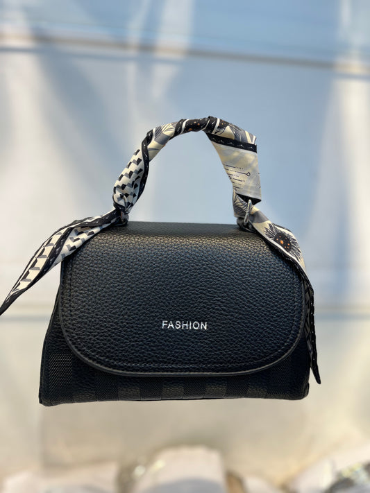 Elegant Black Faux Leather Top Handle Bag with Scarf Accent - Perfect for a Fashionable Look