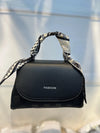 Elegant Black Faux Leather Top Handle Bag with Scarf Accent - Perfect for a Fashionable Look