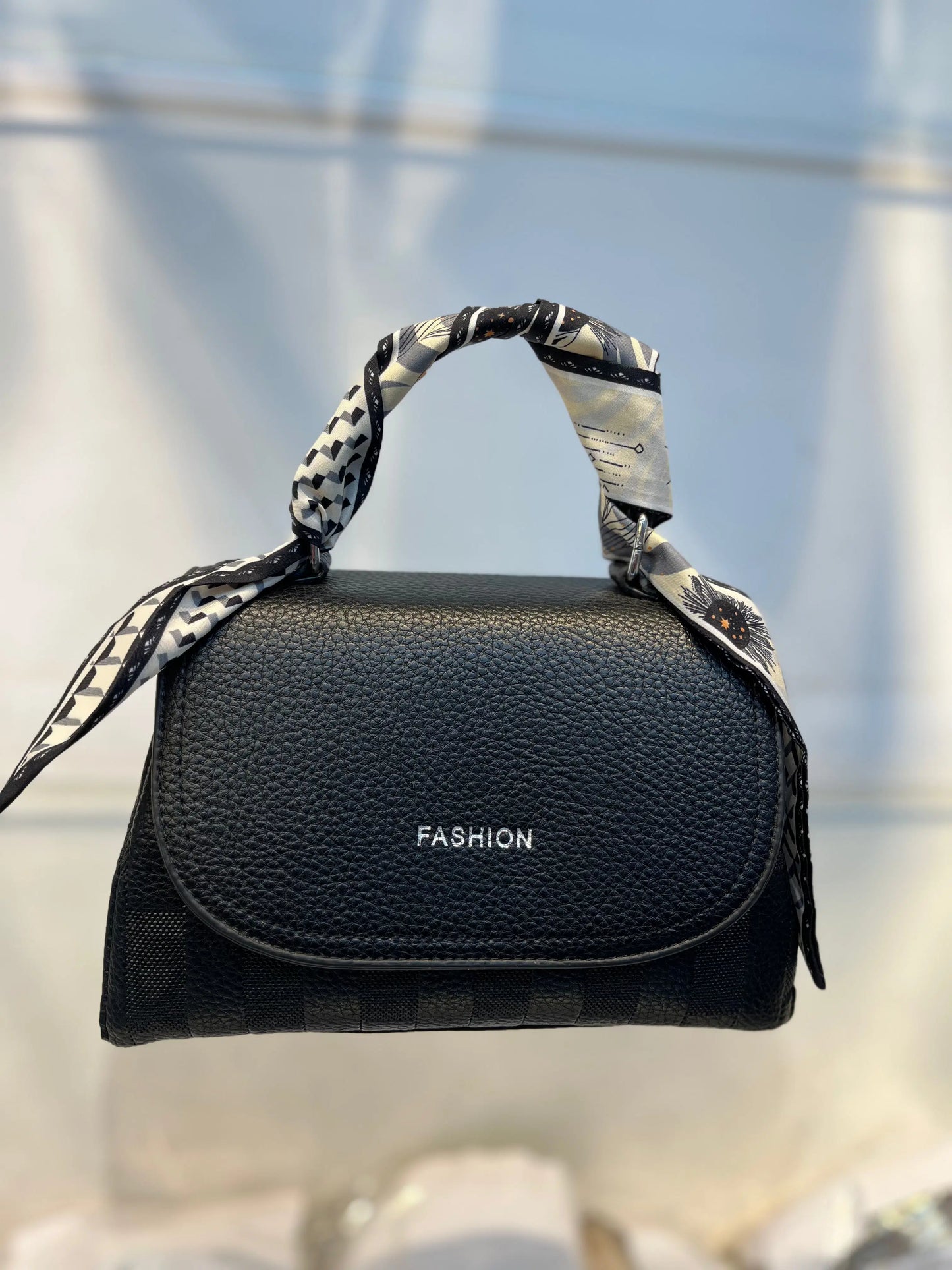 Elegant Black Faux Leather Top Handle Bag with Scarf Accent - Perfect for a Fashionable Look