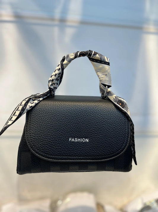 Elegant Black Faux Leather Top Handle Bag with Scarf Accent - Perfect for a Fashionable Look