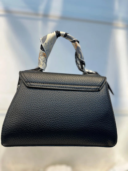 Elegant Black Faux Leather Top Handle Bag with Scarf Accent - Perfect for a Fashionable Look