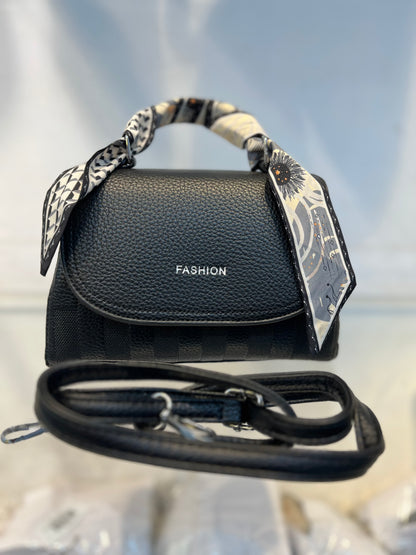 Elegant Black Faux Leather Top Handle Bag with Scarf Accent - Perfect for a Fashionable Look