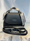 Elegant Black Faux Leather Top Handle Bag with Scarf Accent - Perfect for a Fashionable Look