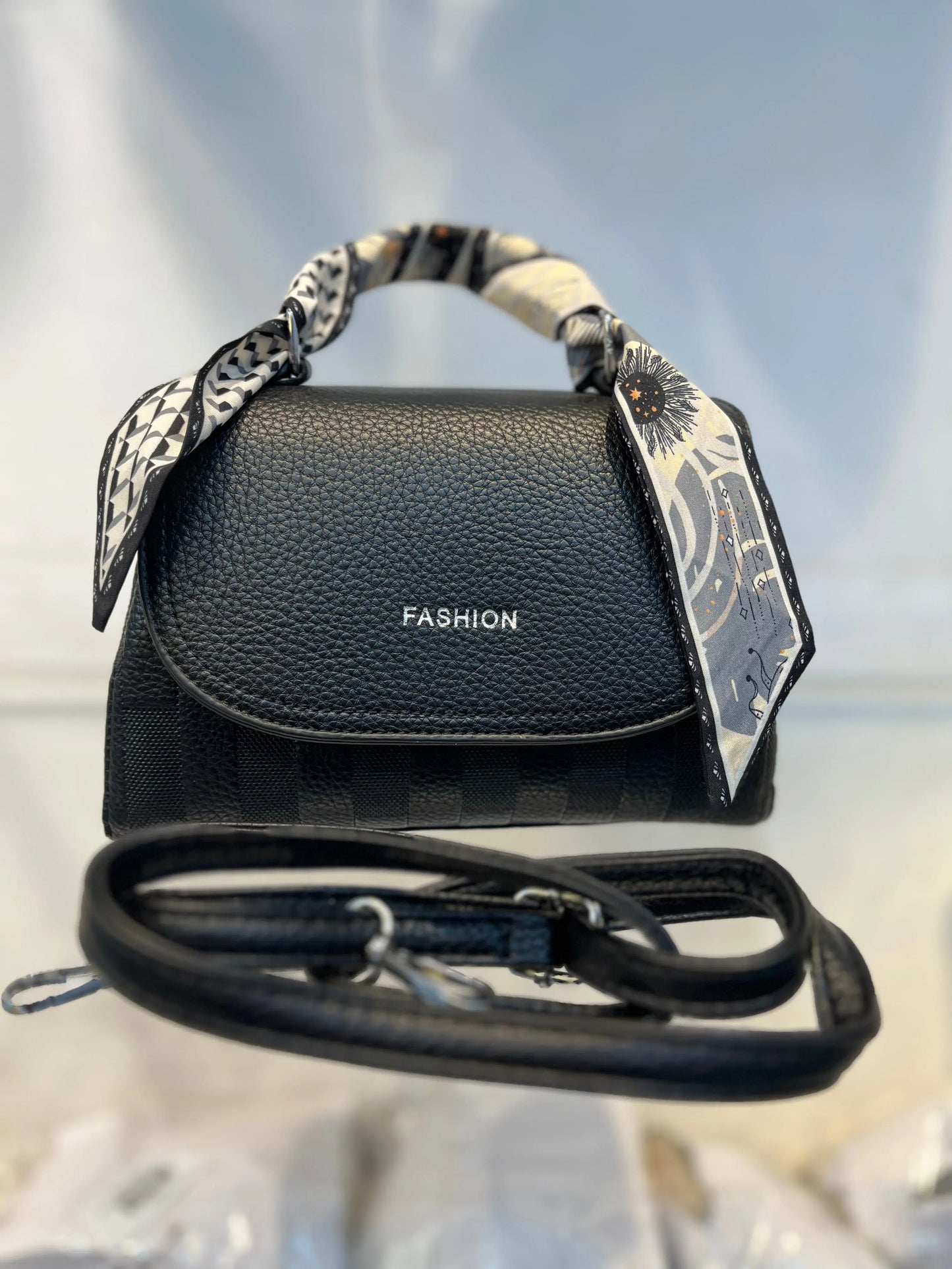 Elegant Black Faux Leather Top Handle Bag with Scarf Accent - Perfect for a Fashionable Look