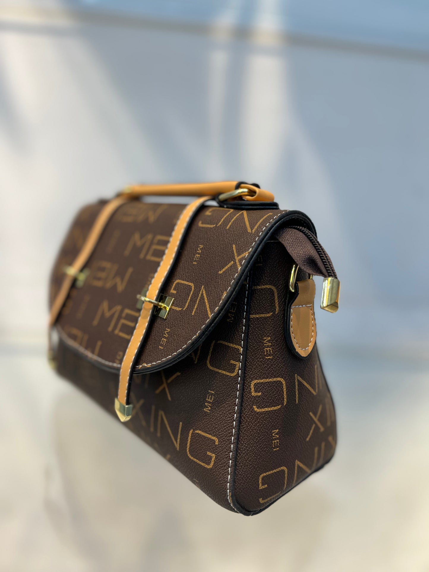 Brown MEI Pattern Faux Leather Handbag with Two Strips