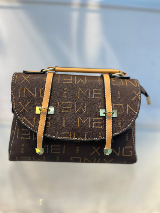 Brown MEI Pattern Faux Leather Handbag with Two Strips