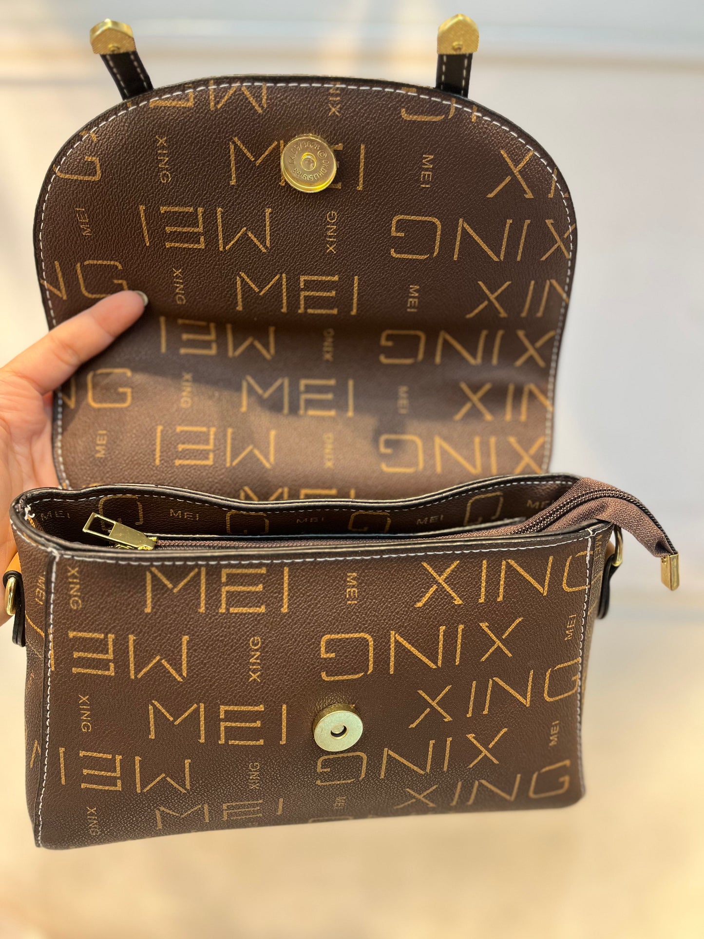 Brown MEI Pattern Faux Leather Handbag with Two Strips