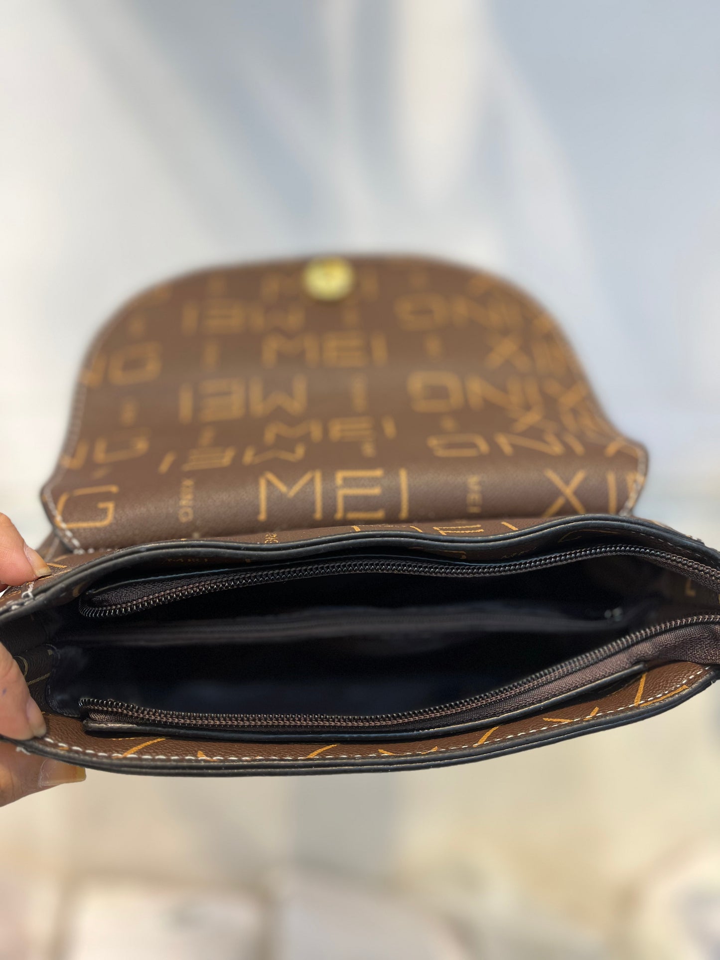 Brown MEI Pattern Faux Leather Handbag with Two Strips