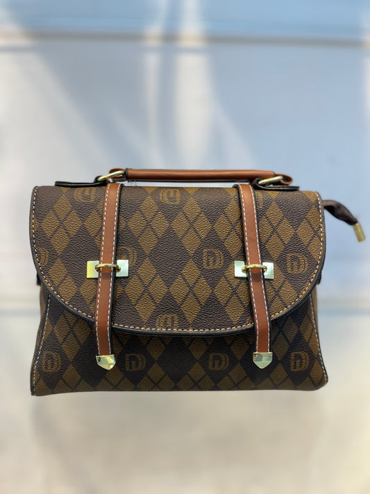 Brown D Pattern Faux Leather Handbag with Two Strips & Sling