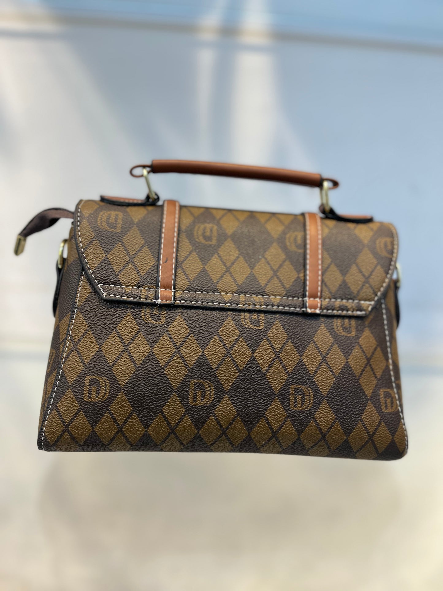 Brown D Pattern Faux Leather Handbag with Two Strips & Sling