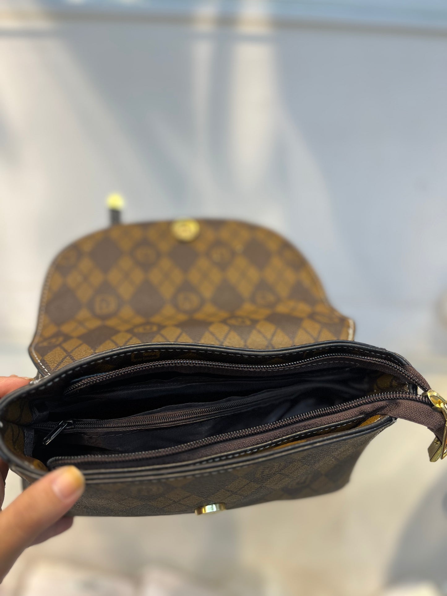 Brown D Pattern Faux Leather Handbag with Two Strips & Sling