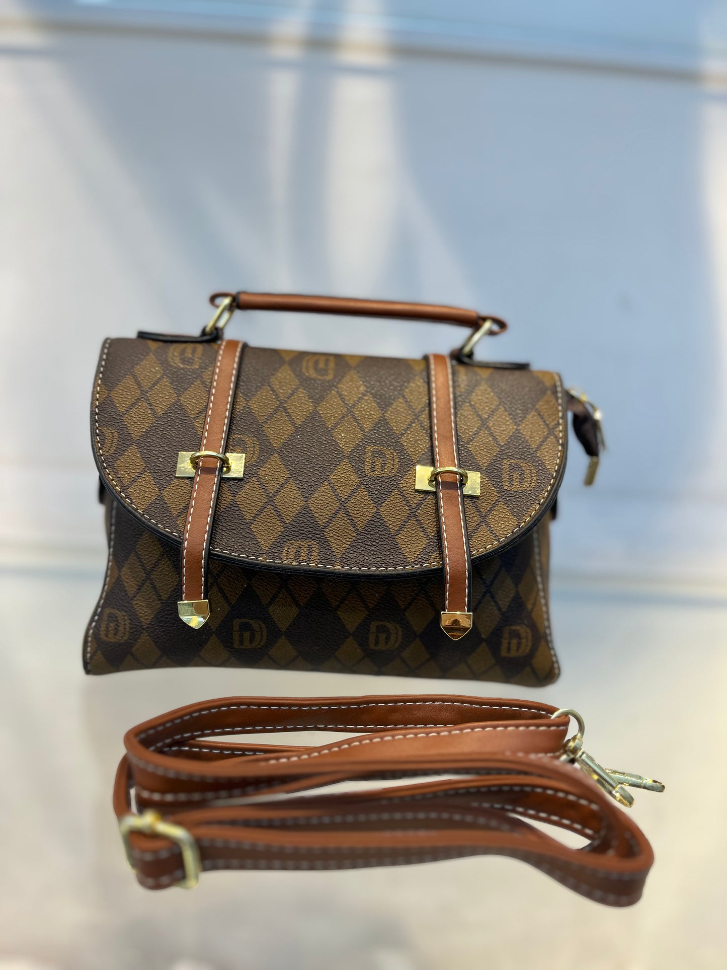 Brown D Pattern Faux Leather Handbag with Two Strips & Sling