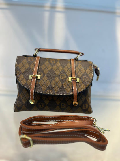 Brown D Pattern Faux Leather Handbag with Two Strips & Sling