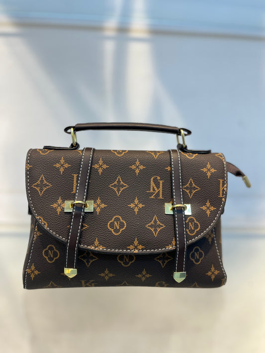 Brown KJ Pattern Faux Leather Handbag with Two Strips & Sling