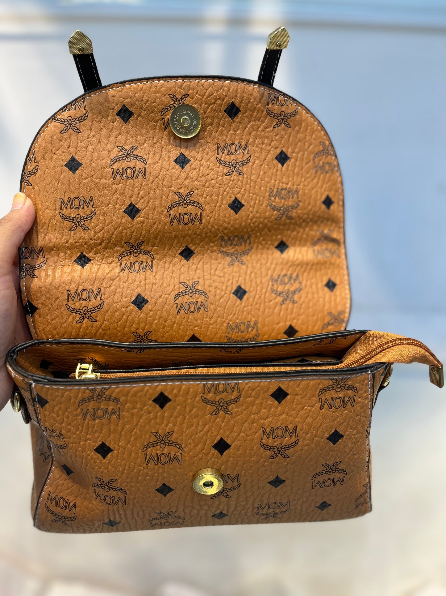 Orange LV Pattern Faux Leather Handbag with Two Strips & Sling