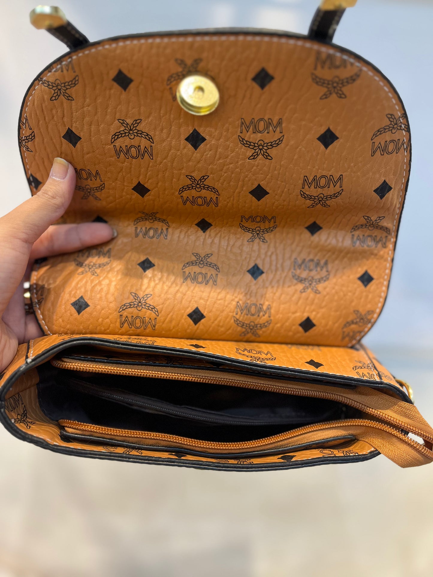 Orange LV Pattern Faux Leather Handbag with Two Strips & Sling