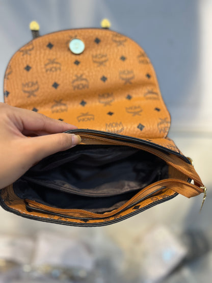 Orange LV Pattern Faux Leather Handbag with Two Strips & Sling