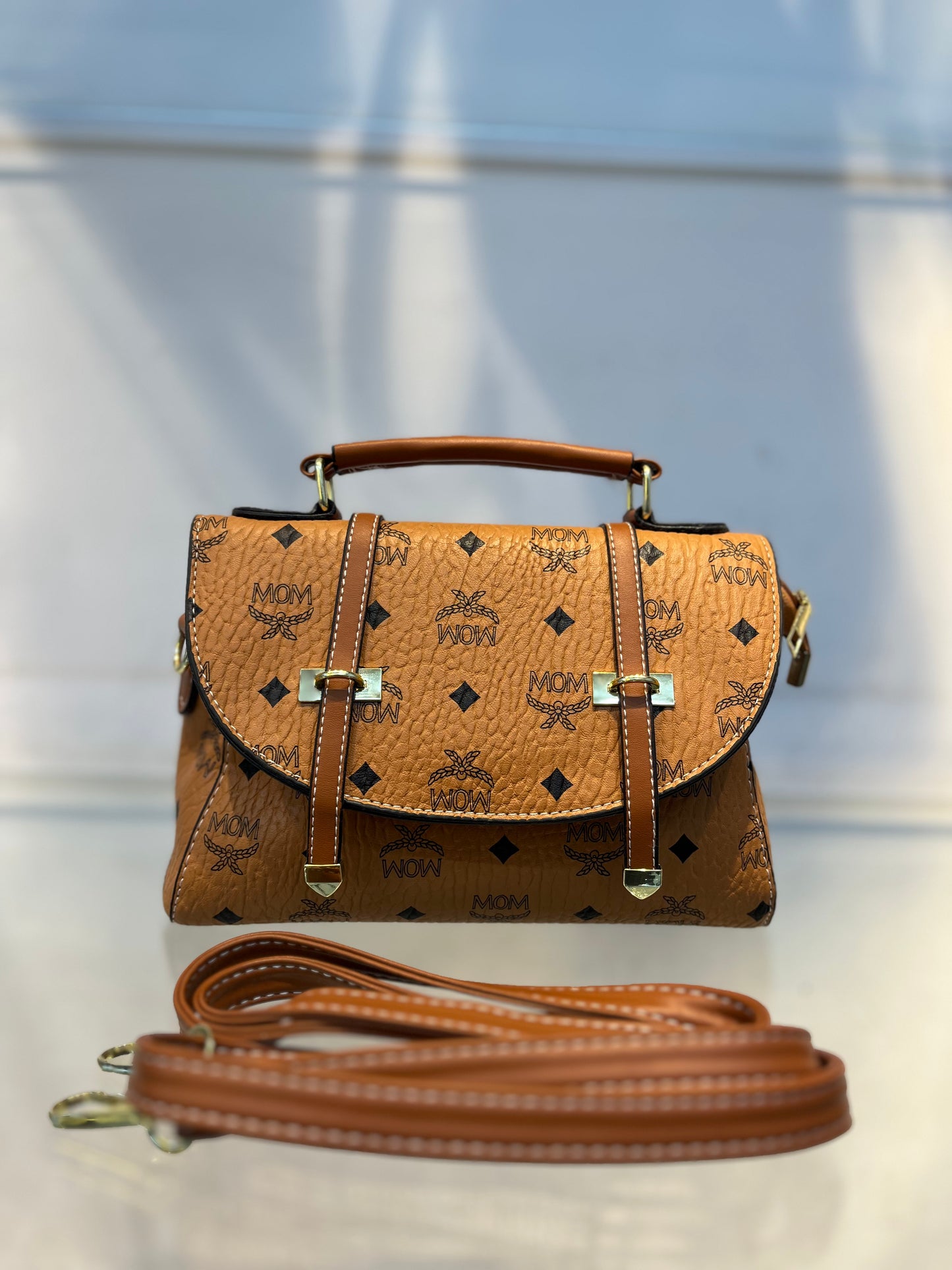 Orange LV Pattern Faux Leather Handbag with Two Strips & Sling