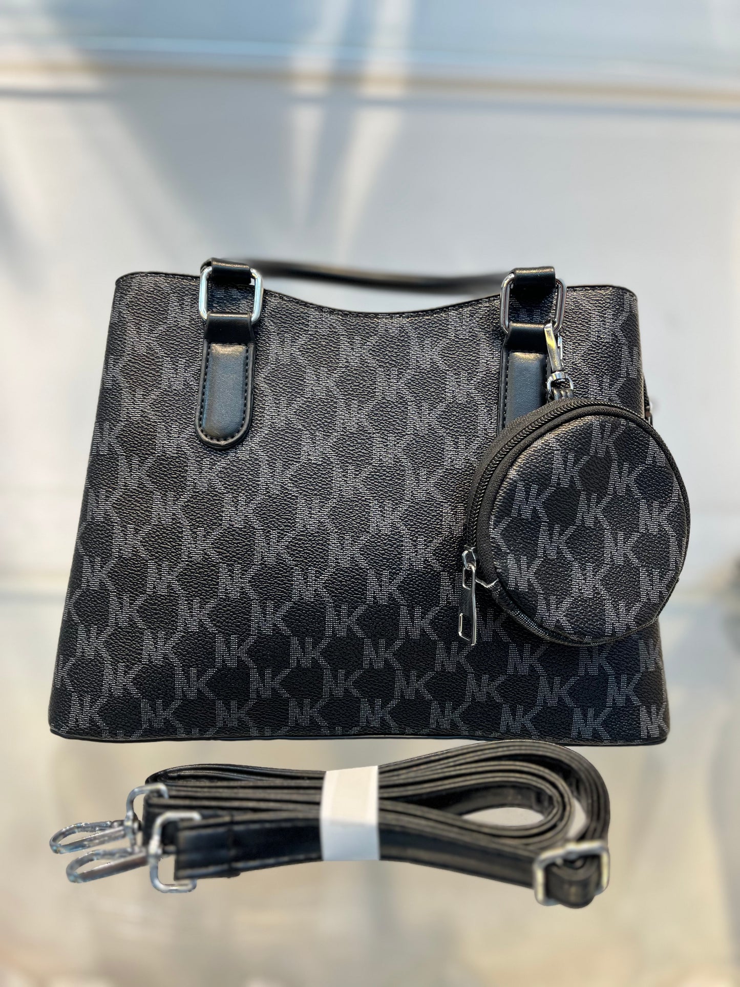 Black Faux Leather Baguette Handbag with Sling, 3 Compartments & Coin Pouch
