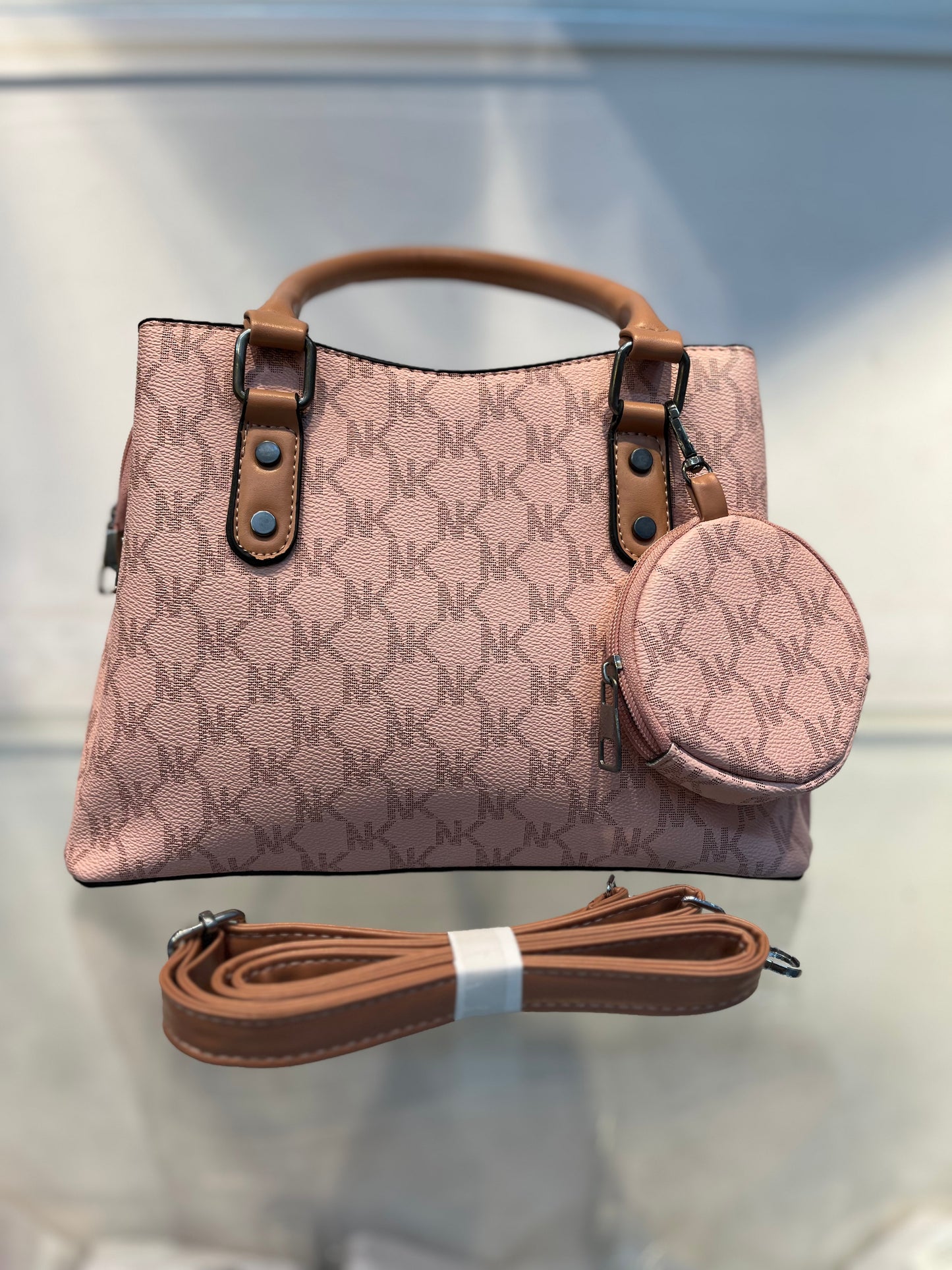 Peach Faux Leather Baguette Handbag with Sling, 3 Compartments & Coin Pouch