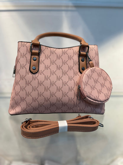 Peach Faux Leather Baguette Handbag with Sling, 3 Compartments & Coin Pouch