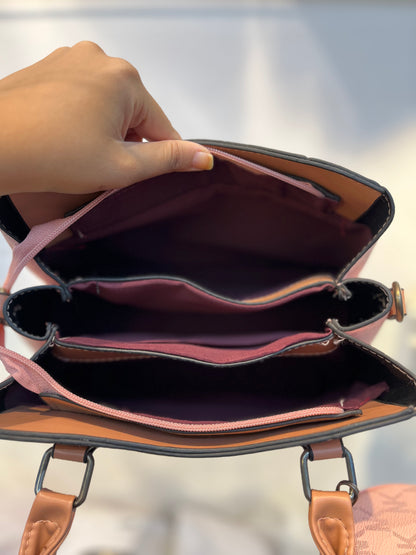 Peach Faux Leather Baguette Handbag with Sling, 3 Compartments & Coin Pouch