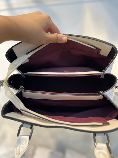White Faux Leather Baguette Handbag with Sling, 3 Compartments & Coin Pouch