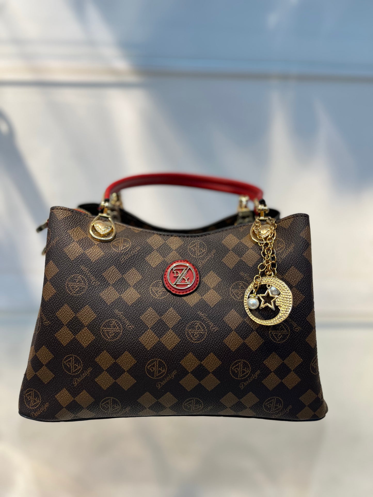 Red Faux Leather Handbag with Keychain Charm & 3 Compartments