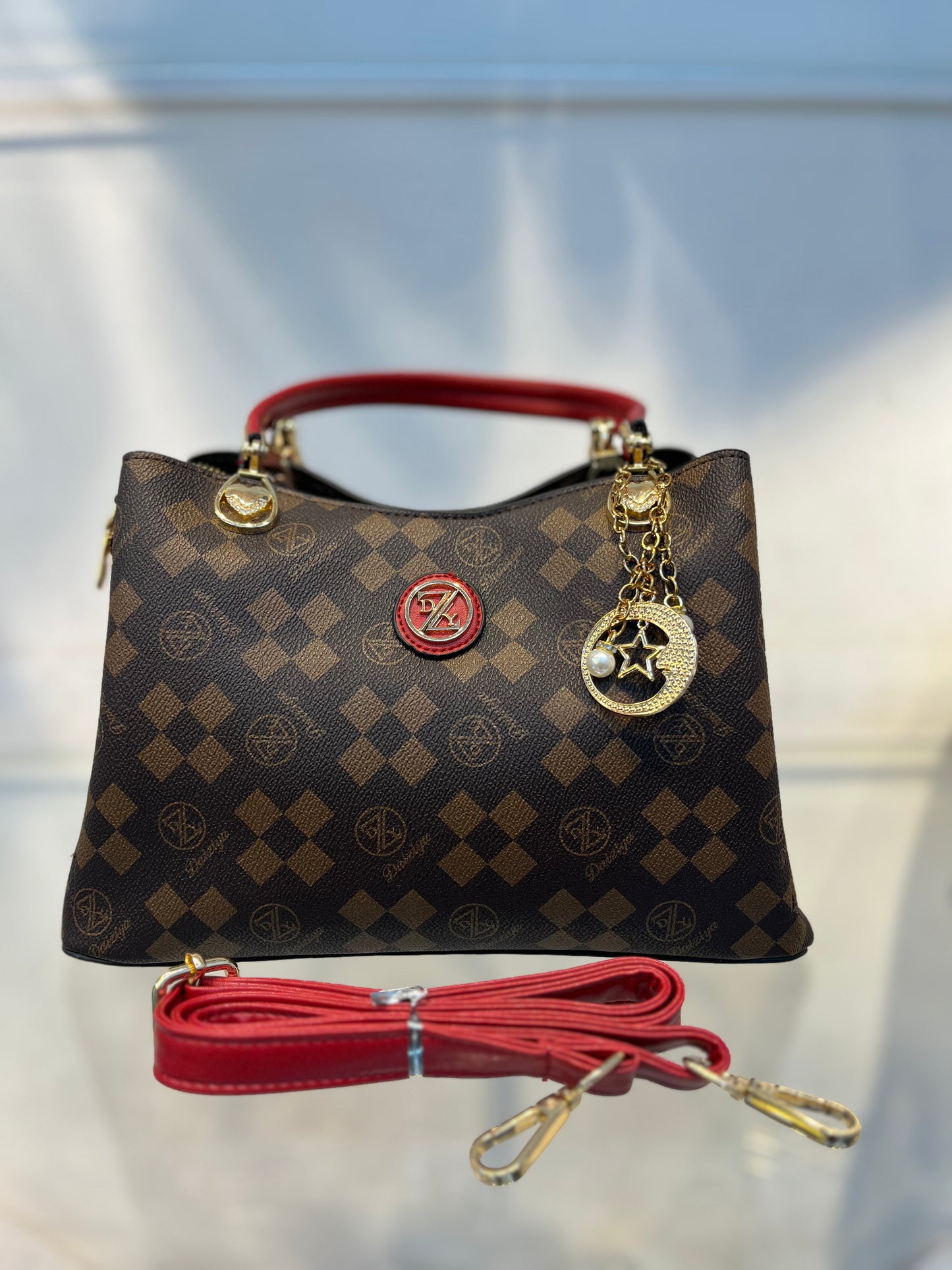 Red Faux Leather Handbag with Keychain Charm & 3 Compartments