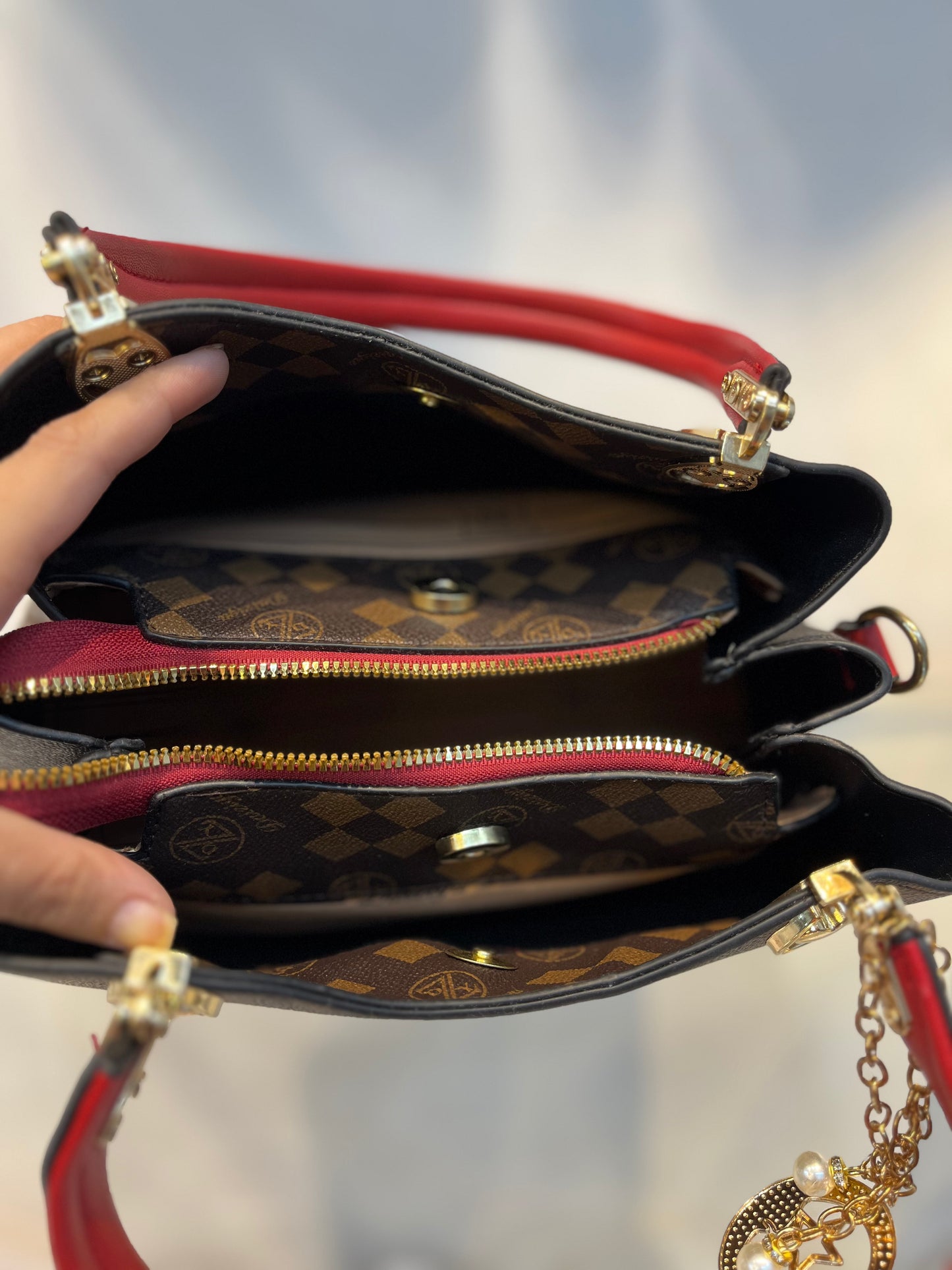 Red Faux Leather Handbag with Keychain Charm & 3 Compartments